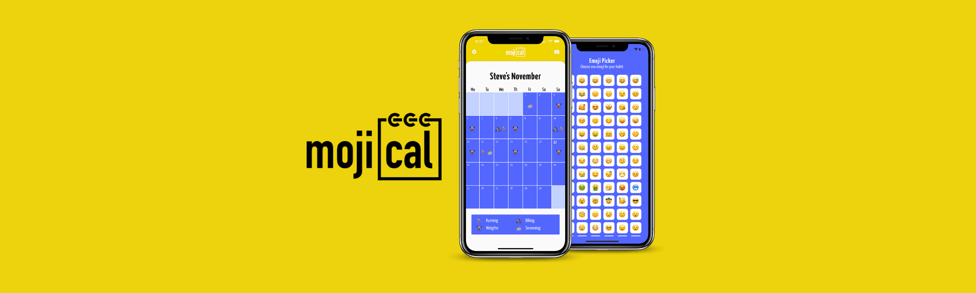 Two mobile phones displaying a calendar that uses Emojis to track habits